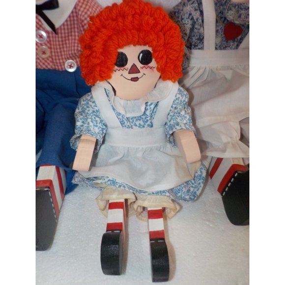 Vintage Set of 3 Raggedy Ann Andy Wooden Dolls Folk Art Posable Shelf Sitters - Picture 3 of 8